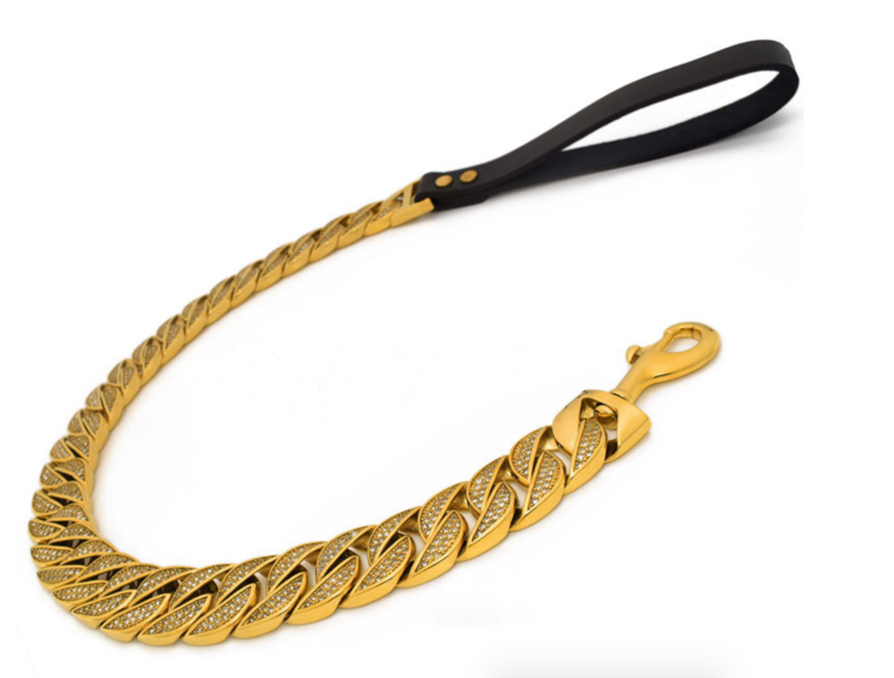 31 MM DIAMOND ROLLS ROYCE GOLD DOG LEASH - NEW STYLE