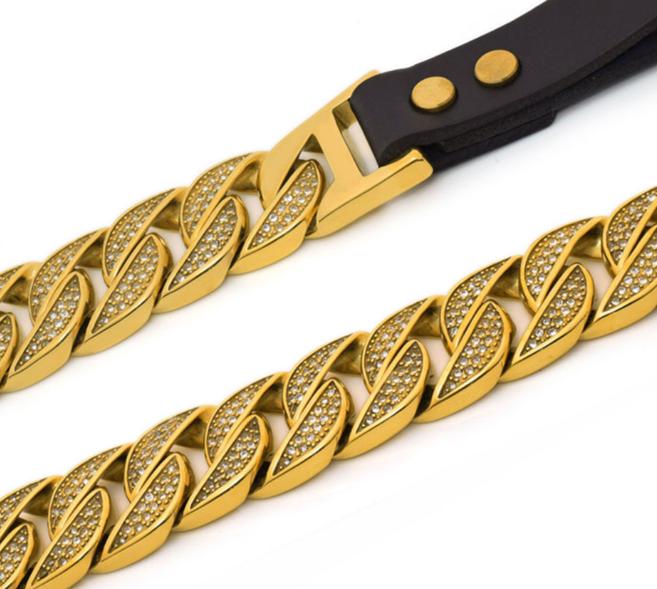 31 MM DIAMOND ROLLS ROYCE GOLD DOG LEASH - NEW STYLE
